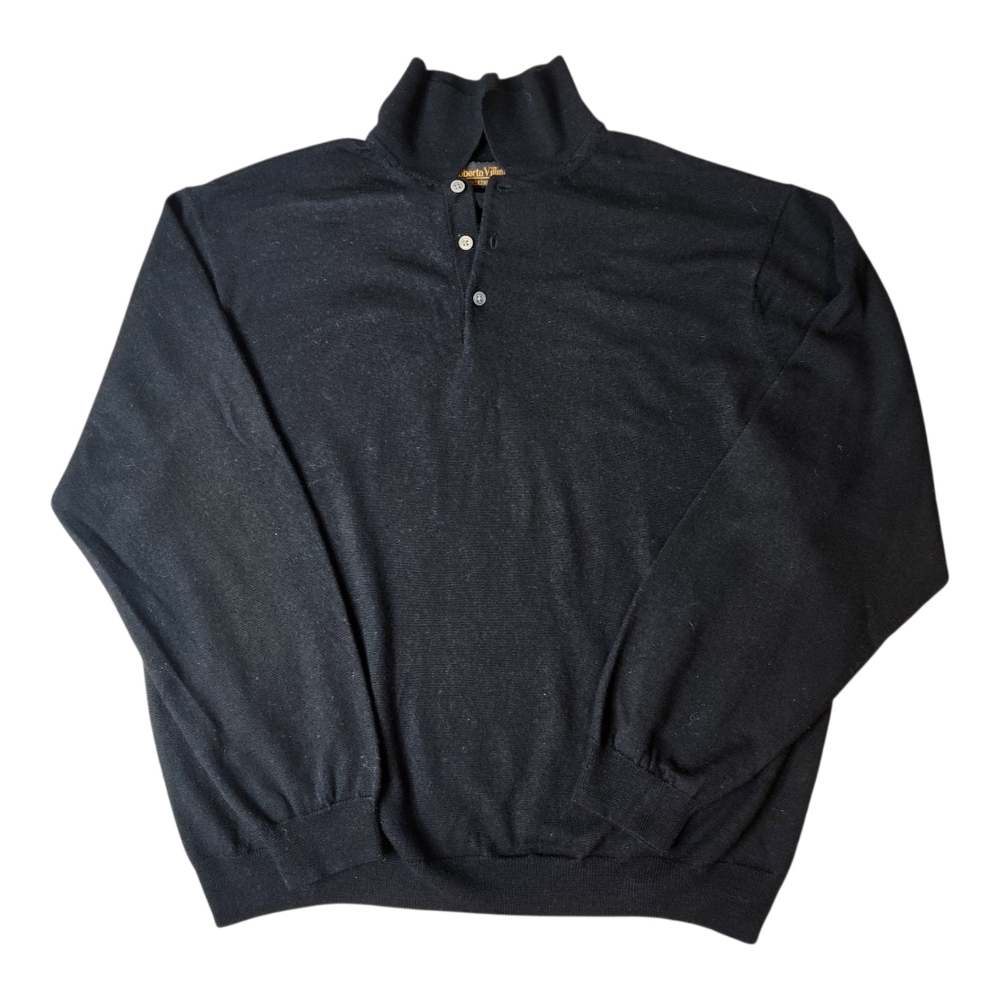 Roberto Villini Sweater Mens XL Black Good Merino Wool Polo Pullover Long Sleeve